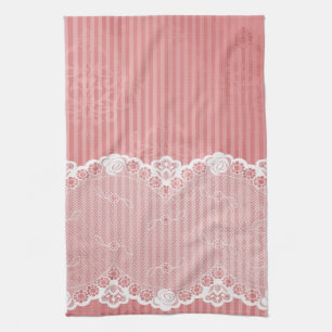 Pink and white background with black lace tea towel