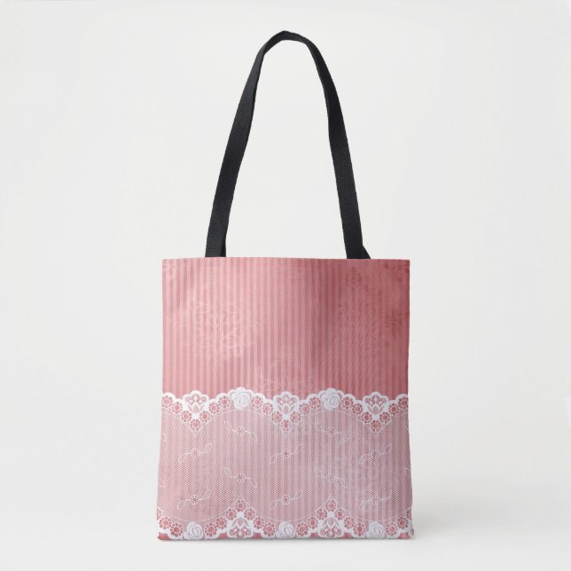 Pink and white background with black lace tote bag (Front)