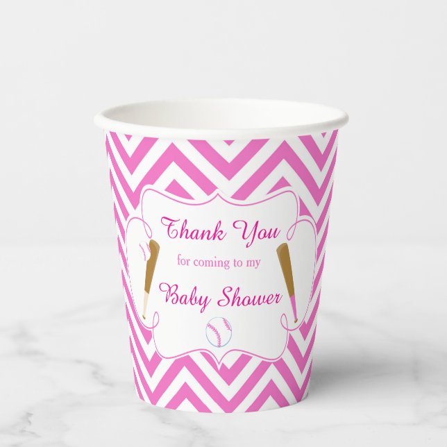 Pink and White Baseball Baby Shower party Paper Cups (Front)