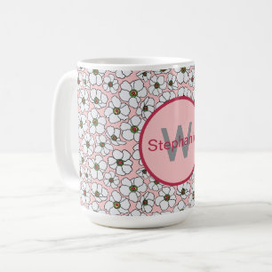 Pink And White Boho Floral With Monogram Coffee Mug