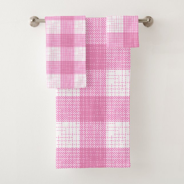 Pink and White Bold Checkered Plaid Design  Bath Towel Set (Creator Uploaded)