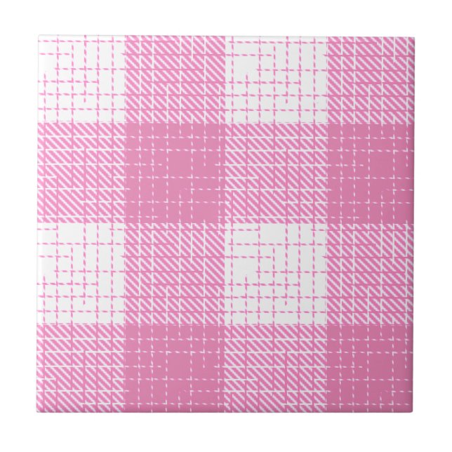 Pink and White Bold Checkered Plaid Design  Ceramic Tile (Front)