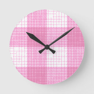 Pink and White Bold Checkered Plaid Design Round Clock