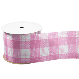 Pink and White Bold Checkered Plaid Design  Satin Ribbon