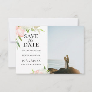 Pink and White Botanical Photo Save The Date Announcement