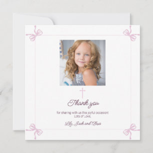 Pink and White bow First Holy Communion Thank You Card
