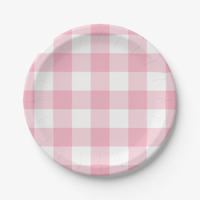 Pink and White Buffalo Check Paper Plate (Front)