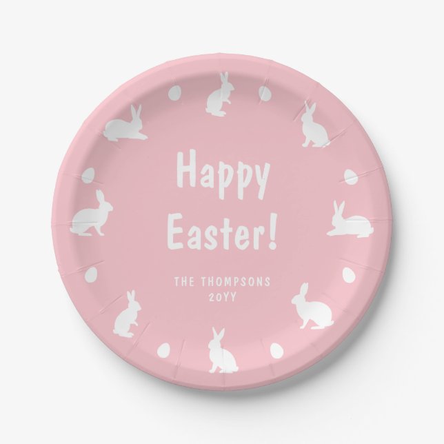 Pink And White Bunnies And Eggs Happy Easter Paper Plate (Front)