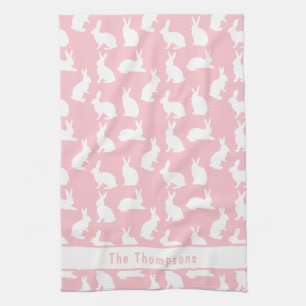 Pink And White Bunny Pattern And Name Easter Tea Towel