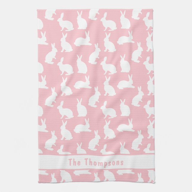 Pink And White Bunny Pattern And Name Easter Tea Towel (Vertical)