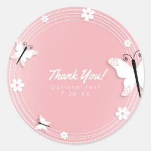 Pink and White Butterflies & Flowers Custom Favour Classic Round Sticker