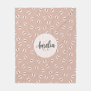 Pink and white butterfly pattern name and monogram fleece blanket
