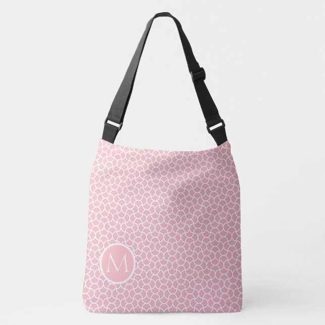 Pink and White Cage Pattern Custom Monogram Crossbody Bag (Front)