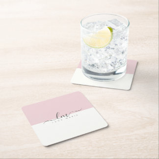 Pink and white, calligraph monogram minimalist square paper coaster