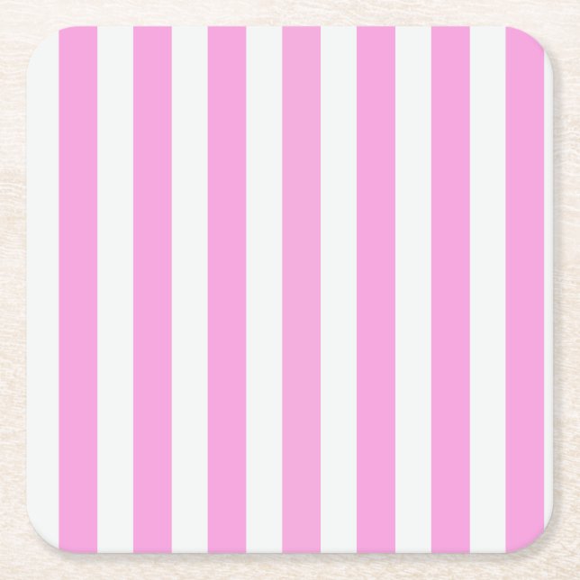 Pink and white candy stripes square paper coaster (Front)