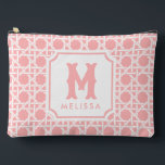 Pink and White Cane | Rattan | Monogram  Accessory Pouch<br><div class="desc">This stylish monogram zipper pouch design features a modern pink and white woven rattan cane pattern on the front and back. The front side has a notched pink frame with an initial in white.</div>