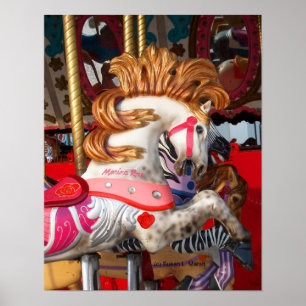 Pink and white carousel horse photograph fair poster