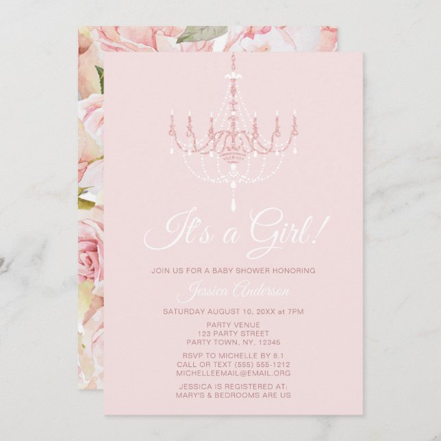 Pink and White Chandelier Floral Rose Baby Shower Invitation (Front/Back)