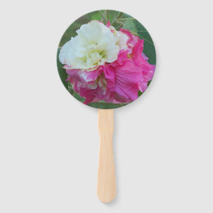 pink and white changeable hibiscus bloom on a fan