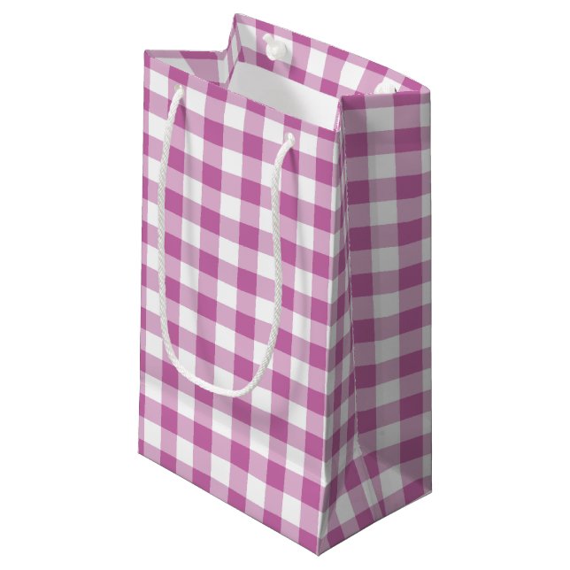 Pink And White Checked Gingham Plaid Pattern Small Gift Bag (Front Angled)