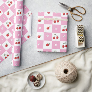 Pink and White Checker Cherries Wrapping Paper
