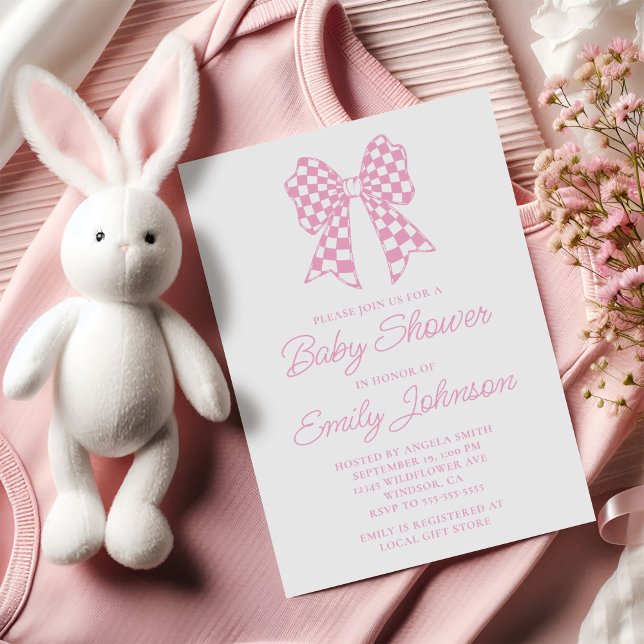 Pink and White Chequered Bow Baby Shower Invitation (Pink and White Checker Bow Baby Shower Invitation)