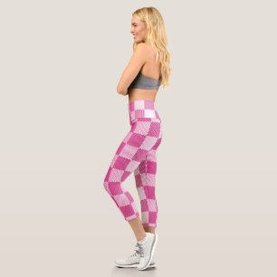 Pink and White Chequered Geometric Capri Leggings