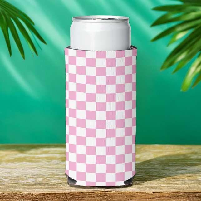 Pink and White Chequered Pattern Seltzer Can Cooler (Creator Uploaded)