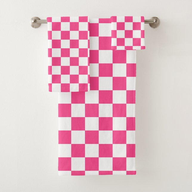 Pink and White Chequered Print Bath Towel Set (Insitu)