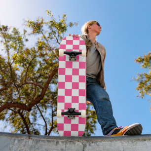 Pink and White Chequered Print Skateboard