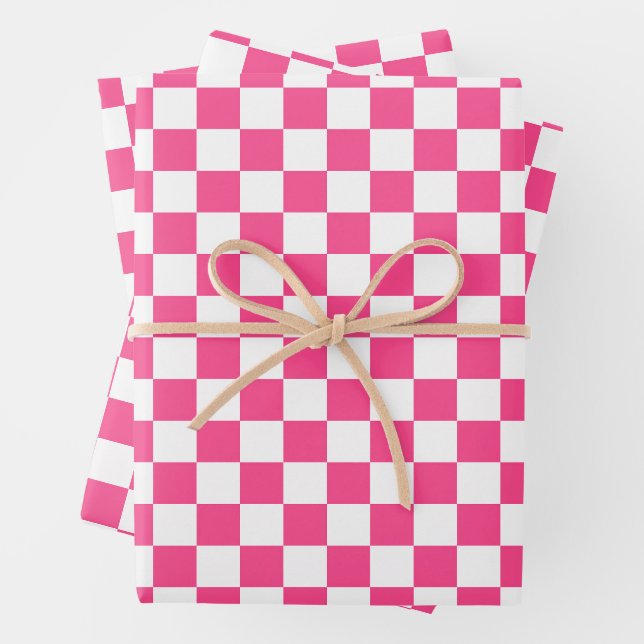 Pink and White Chequered Print Wrapping Paper Sheet (In situ)