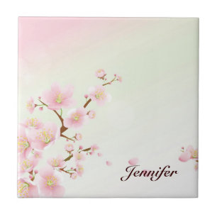 Pink And White Cherry Blossom Nature Monogram Ceramic Tile