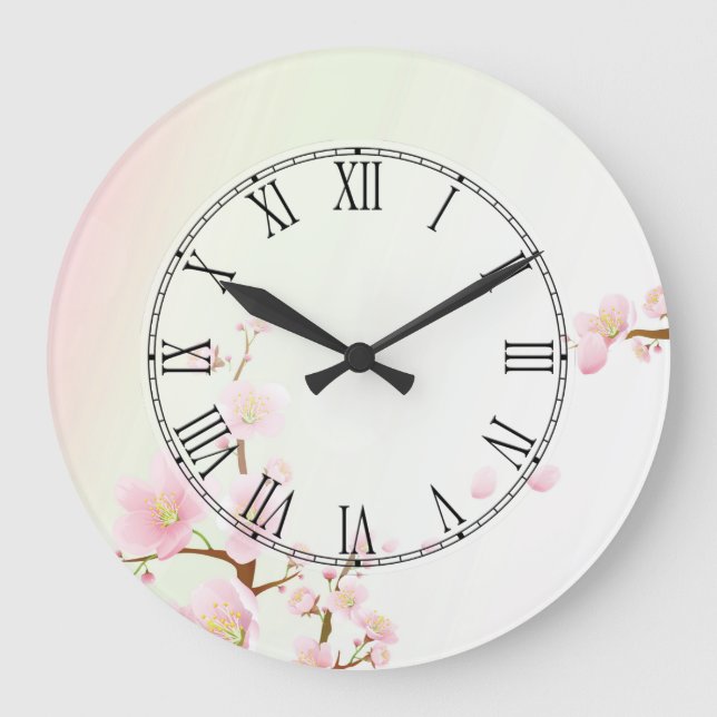 Pink And White Cherry Blossom Nature Roman Numeral Large Clock (Front)