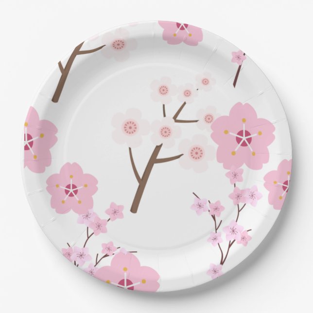 pink and white cherry blossoms paper plate (Front)