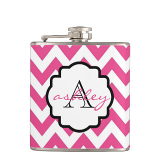 Pink and White Chevron Monogram Flask