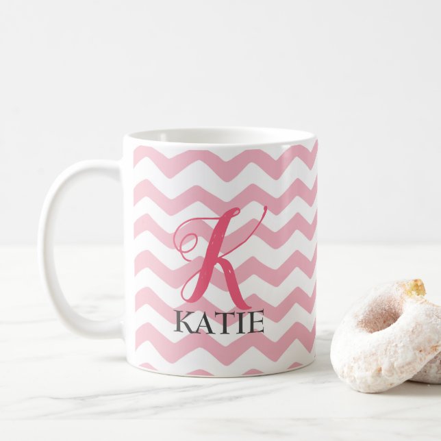 Pink and White Chevron Monogram Mug (With Donut)