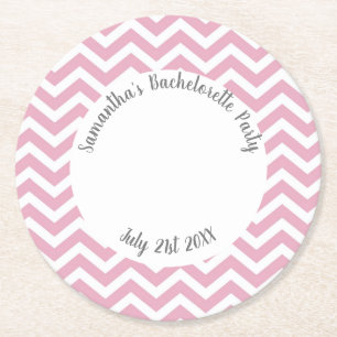 Pink and white chevron party round paper coaster