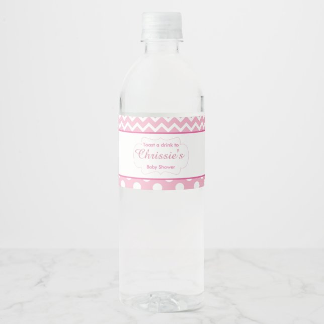 Pink and White Chevron & Polka Dot Baby Water Bottle Label (Front)
