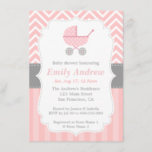Pink and White Chevron, Stroller, Baby Girl Shower Invitation