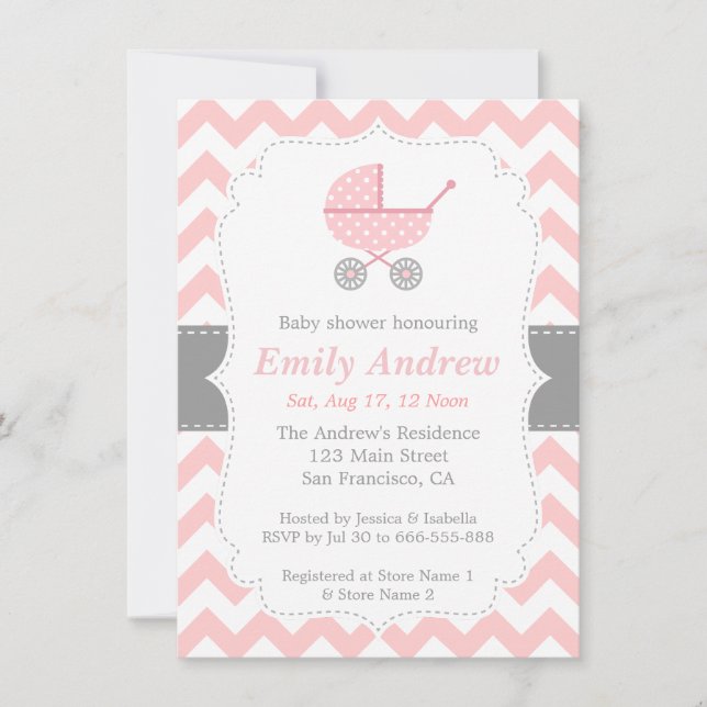 Pink and White Chevron, Stroller, Baby Girl Shower Invitation (Front)