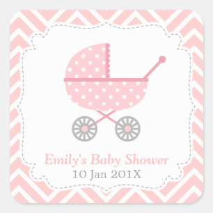 Pink and White Chevron, Stroller, Baby Girl Shower Square Sticker
