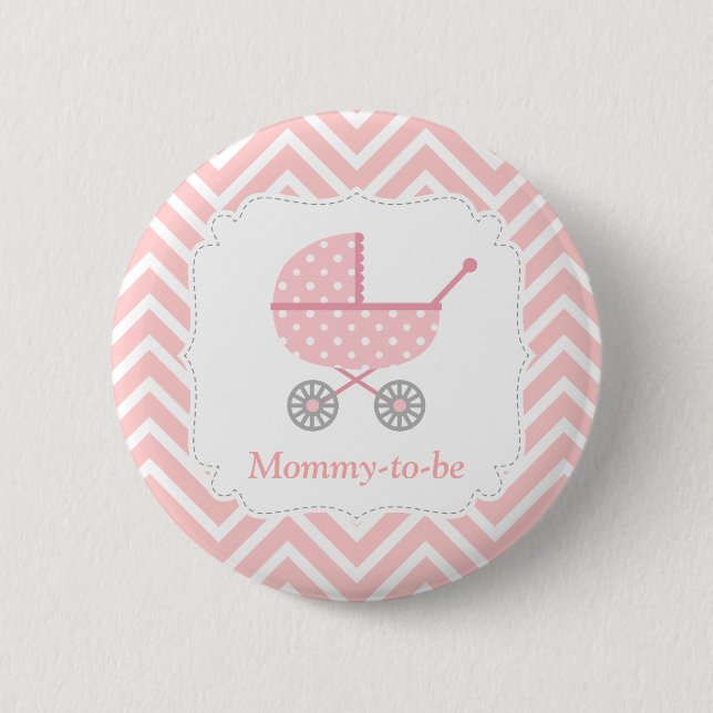 Pink and White Chevron Stroller Mummy to be 6 Cm Round Badge (Front)