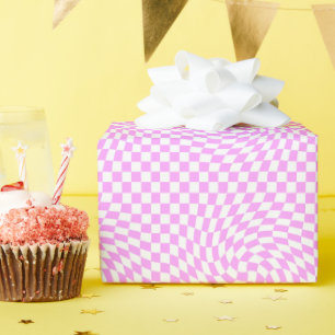 Pink and White Chic Warped Checkered Pattern Wrapping Paper