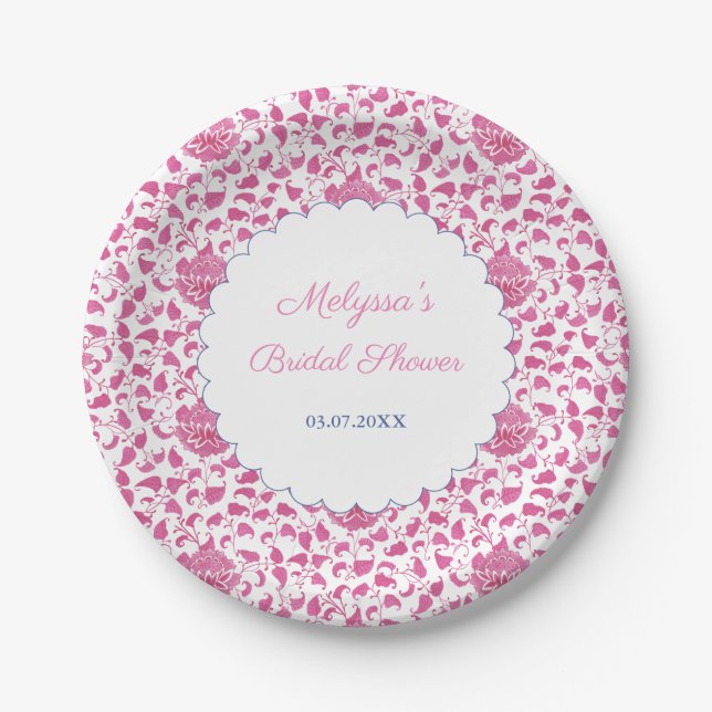 Pink And White Chinoiserie Chic Wedding Shower Paper Plate (Front)