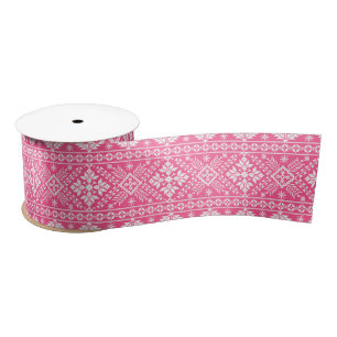 Pink and White Christmas Fair Isle Pattern Satin Ribbon