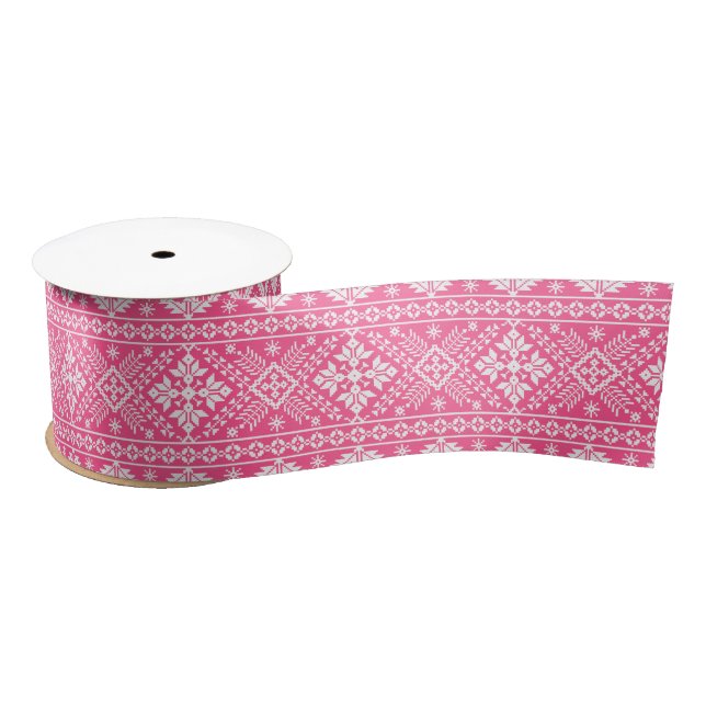 Pink and White Christmas Fair Isle Pattern Satin Ribbon (Spool)