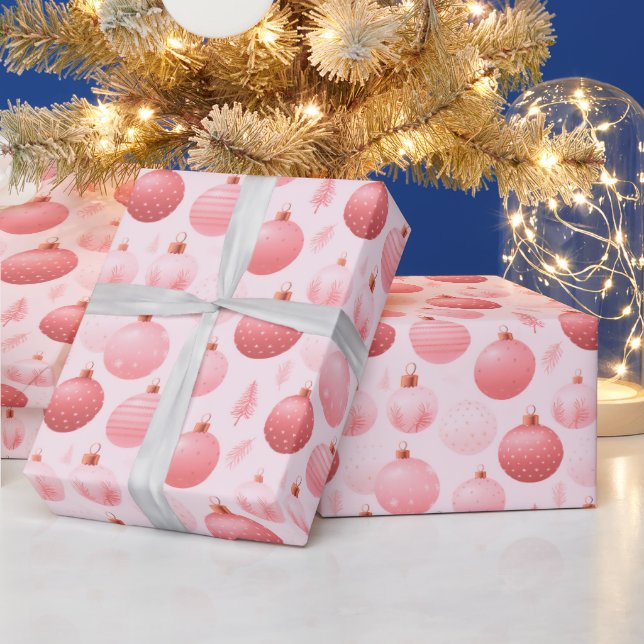 Pink and White Christmas Ornaments Christmas Wrapping Paper (Holidays)