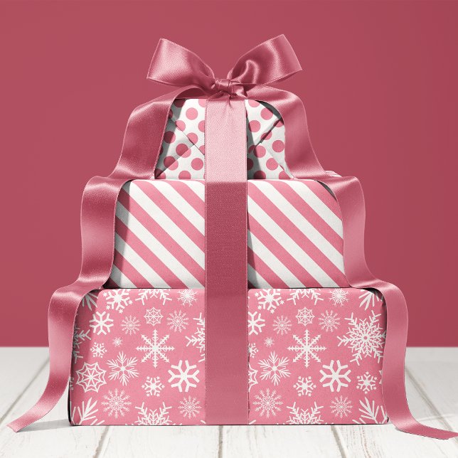 Pink and White Christmas Winter Snowflakes Pattern Wrapping Paper Sheet (Creator Uploaded)