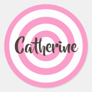 Pink and White Circles Dark Brown Name Classic Round Sticker