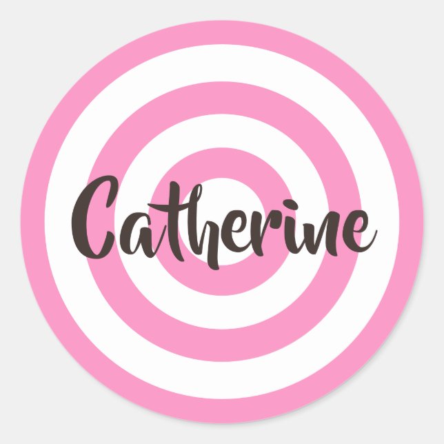 Pink and White Circles Dark Brown Name Classic Round Sticker (Front)